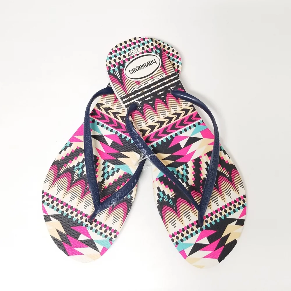 Havaianas Slim Tribal Flip Flop in White & Navy Blue Sz 11 - Picture 9 of 9